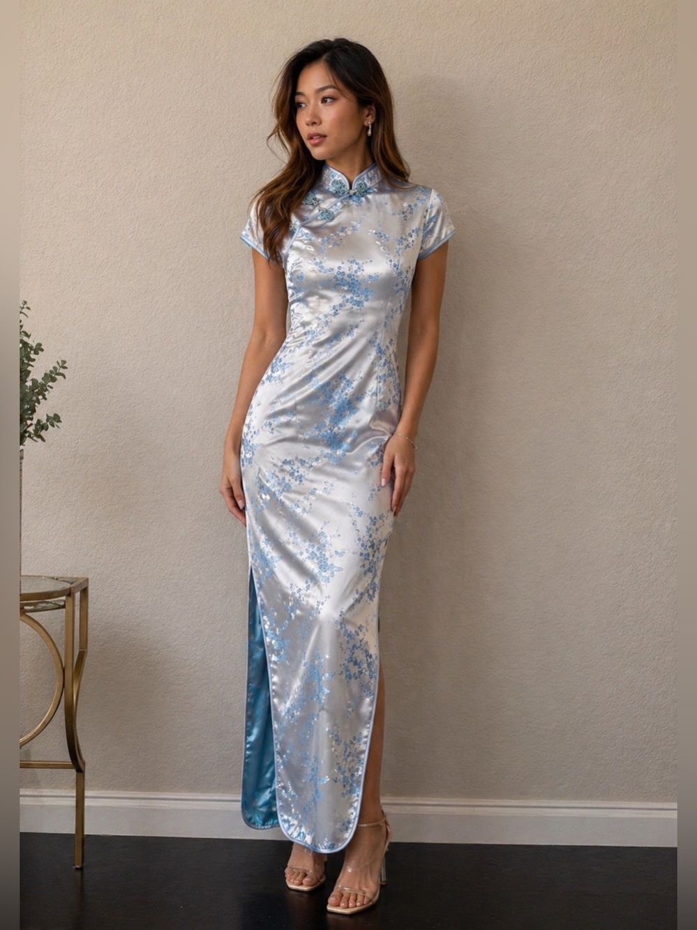 👉 Blue Floral Silk Cheongsam Dress | Elegant Satin Qipao Midi. Ankle length. NWT